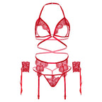 LEG AVENUE - ENSEMBLE QUATRE PIÈCES SOUTIEN-GORGE, STRING, PORTE-JARRETELLES ET POIGNETS TAILLE UNIQUE - NOIR