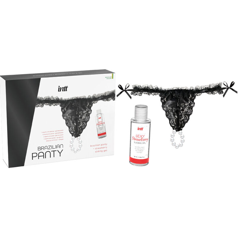 INTT RELEASES - SCHWARZER BRASILIANISCHER SLIP MIT PERLEN UND 50 ML GLEITMITTELGEL