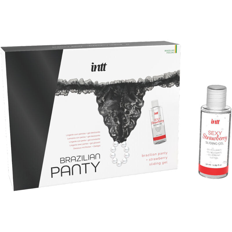 INTT RELEASES - SCHWARZER BRASILIANISCHER SLIP MIT PERLEN UND 50 ML GLEITMITTELGEL