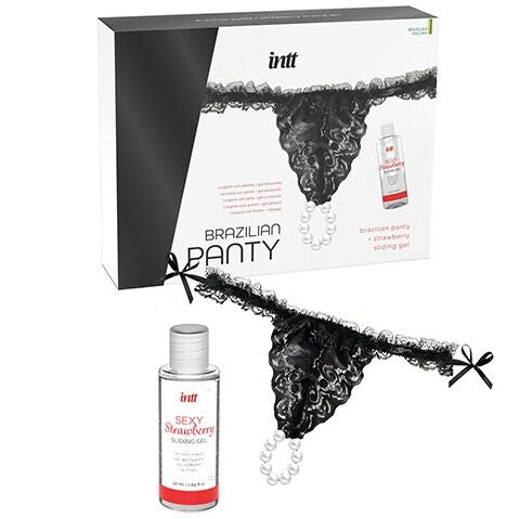 INTT RELEASES - SCHWARZER BRASILIANISCHER SLIP MIT PERLEN UND 50 ML GLEITMITTELGEL