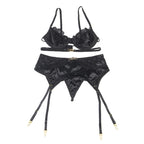 SUBBLIME - 3-TEILIGES SET BH + SLIP + STRUMPFBAND SPITZE SCHWARZ S/M
