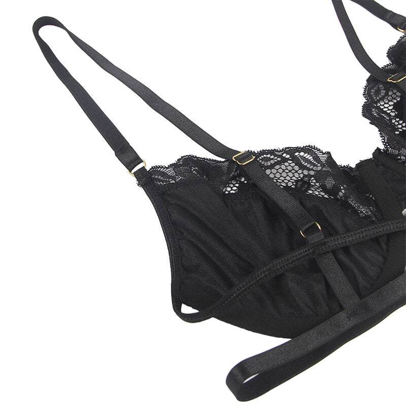 SUBBLIME - 3-TEILIGES SET BH + SLIP + STRUMPFBAND SPITZE SCHWARZ S/M