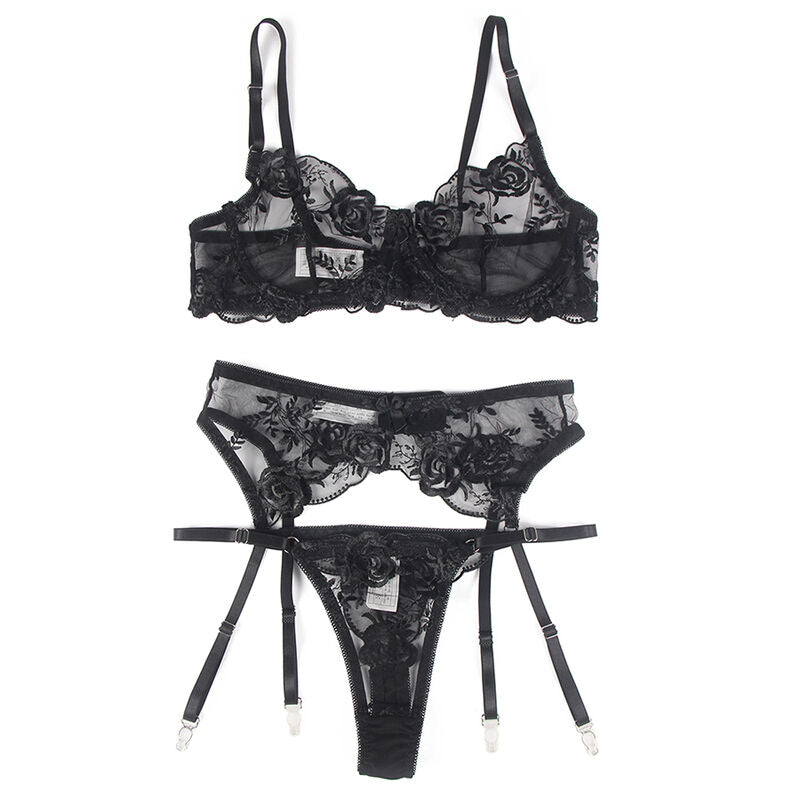 SUBBLIME - 3-TEILIGES SET BH + SLIP + STRUMPFBAND SCHWARZES BLUMENMUSTER S/M