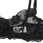 SUBBLIME - 3-TEILIGES SET BH + SLIP + STRUMPFBAND SCHWARZES BLUMENMUSTER S/M