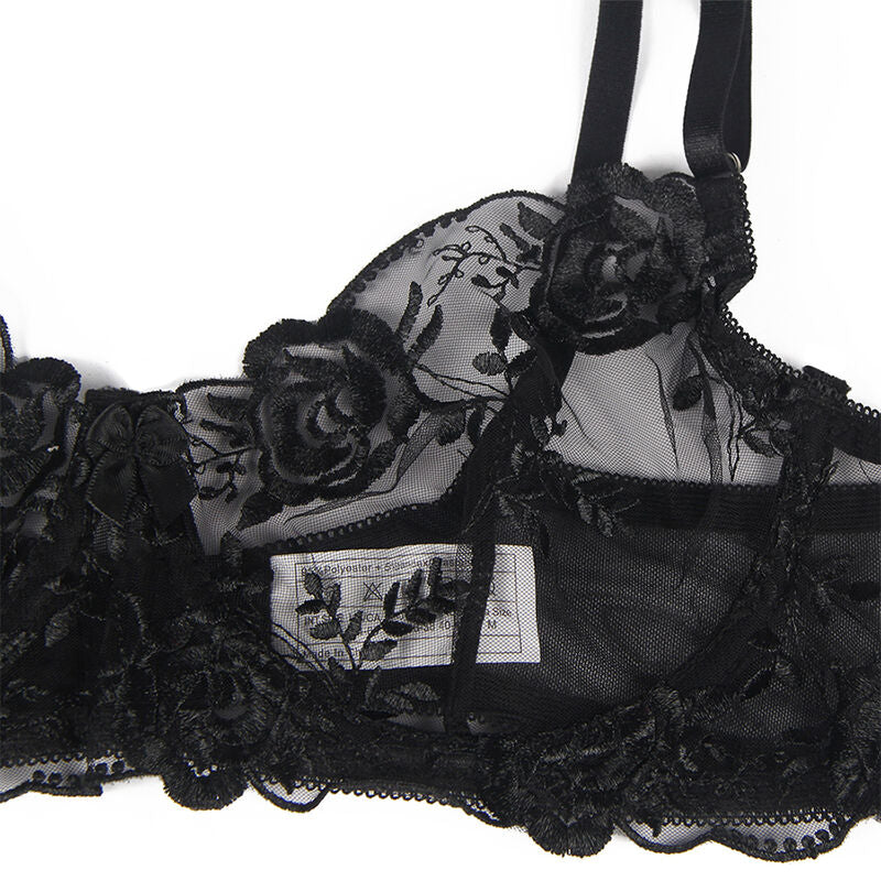 SUBBLIME - 3-TEILIGES SET BH + SLIP + STRUMPFBAND SCHWARZES BLUMENMUSTER S/M