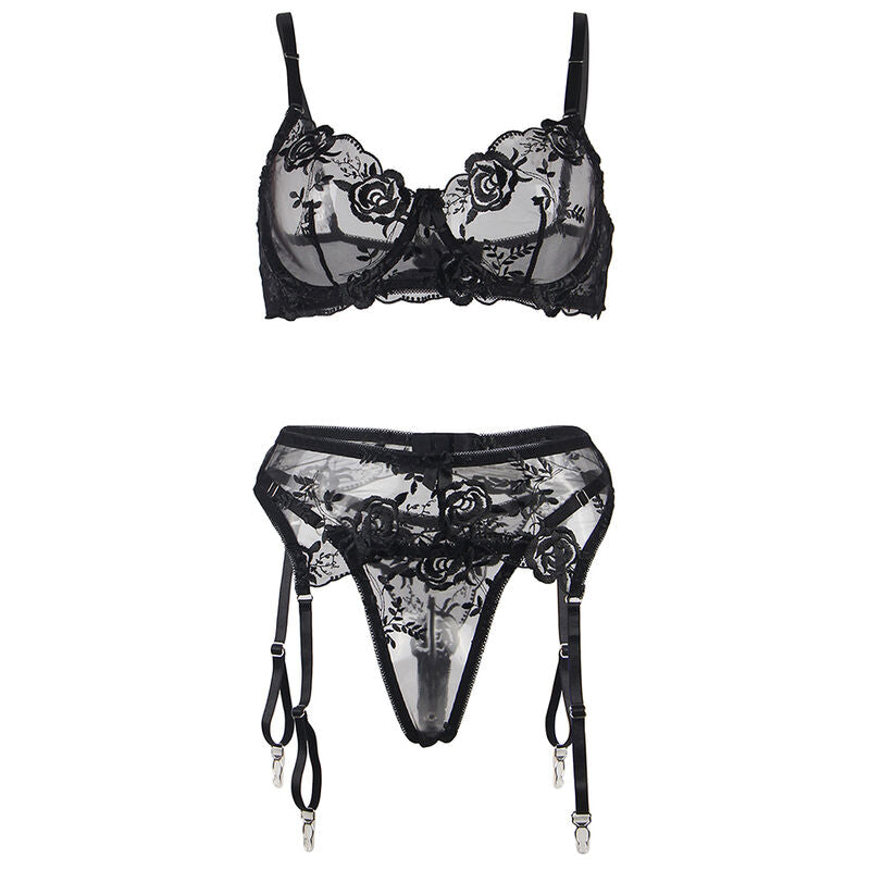 SUBBLIME - 3-TEILIGES SET BH + SLIP + STRUMPFBAND SCHWARZES BLUMENMUSTER S/M