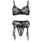 SUBBLIME - 3-TEILIGES SET BH + SLIP + STRUMPFBAND SCHWARZES BLUMENMUSTER S/M
