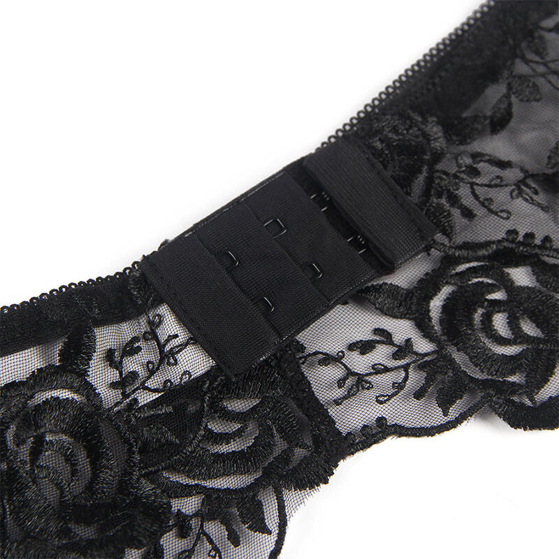 SUBBLIME - 3-TEILIGES SET BH + SLIP + STRUMPFBAND SCHWARZES BLUMENMUSTER S/M