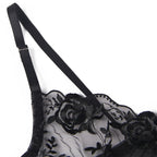 SUBBLIME - 3-TEILIGES SET BH + SLIP + STRUMPFBAND SCHWARZES BLUMENMUSTER S/M