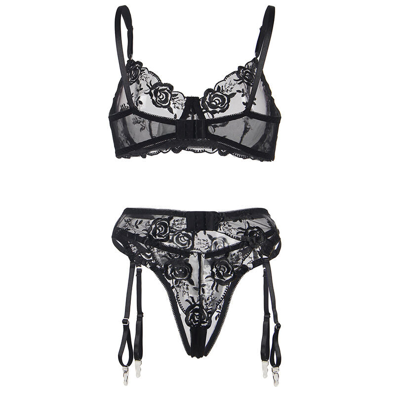 SUBBLIME - 3-TEILIGES SET BH + SLIP + STRUMPFBAND SCHWARZES BLUMENMUSTER S/M