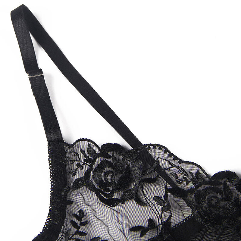 SUBBLIME - 3-TEILIGES SET BH + SLIP + STRUMPFBAND SCHWARZES BLUMENMUSTER S/M