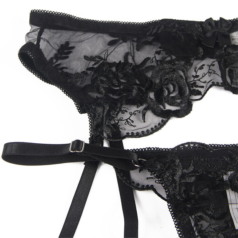 SUBBLIME - 3-TEILIGES SET BH + SLIP + STRUMPFBAND SCHWARZES BLUMENMUSTER S/M