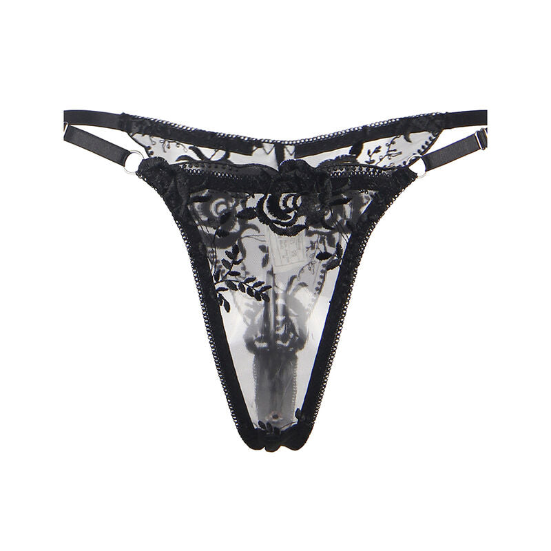 SUBBLIME - 3-TEILIGES SET BH + SLIP + STRUMPFBAND SCHWARZES BLUMENMUSTER S/M