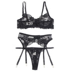 SUBBLIME - 3-TEILIGES SET BH + SLIP + STRUMPFBAND SCHWARZES BLUMENMUSTER S/M