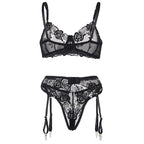 SUBBLIME - 3-TEILIGES SET BH + SLIP + STRUMPFBAND SCHWARZES BLUMENMUSTER S/M