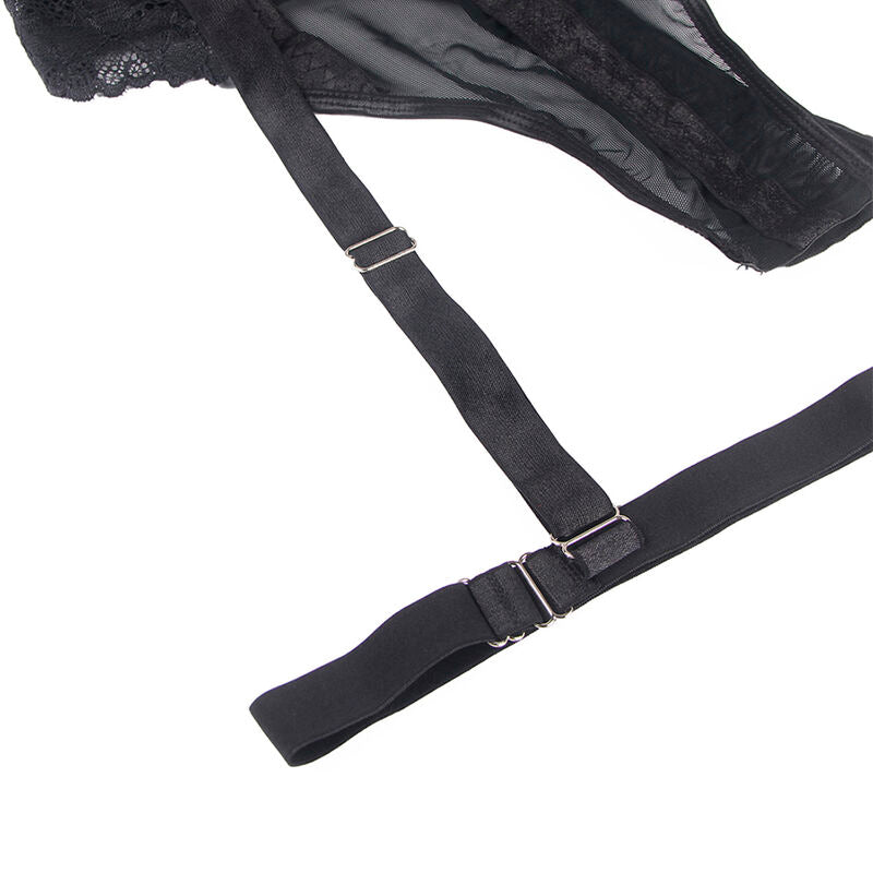 SUBBLIME - TEDDY MIT STRUMPFBAND-DETAIL UND TRÄGERN AN DER BRUST SCHWARZ S/M