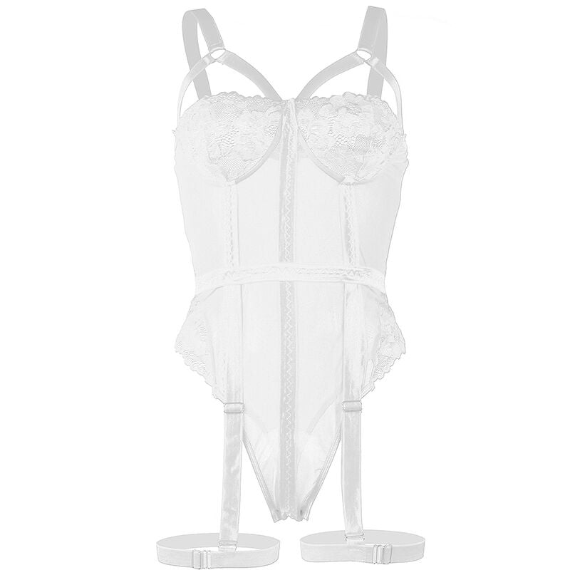 SUBBLIME - TEDDY MIT STRUMPFHALTER, TRÄGER-DETAIL AN DER BRUST, WEISS S/M