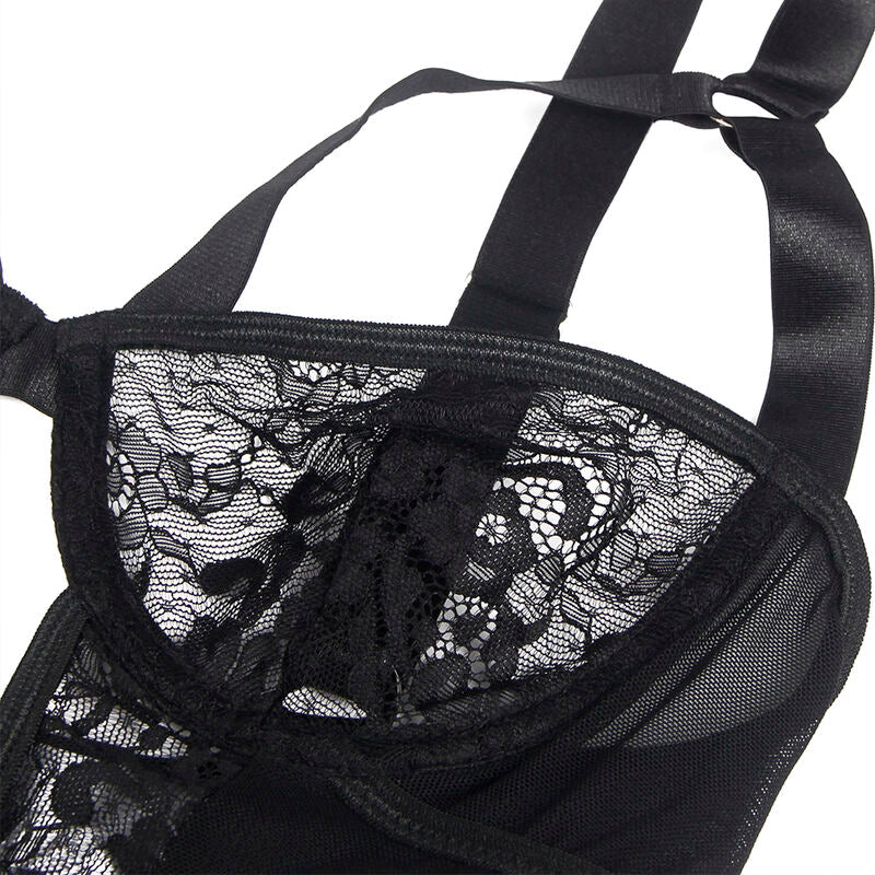 SUBBLIME - TEDDY MIT SPITZENDETAILS UND TRÄGERN SCHWARZ S/M