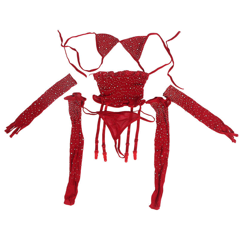 SUBBLIME - 952181 NETZ-BODY MIT HANDSCHUHEN UND ROTEN STRASSSTEINEN, EINHEITSGRÖSSE