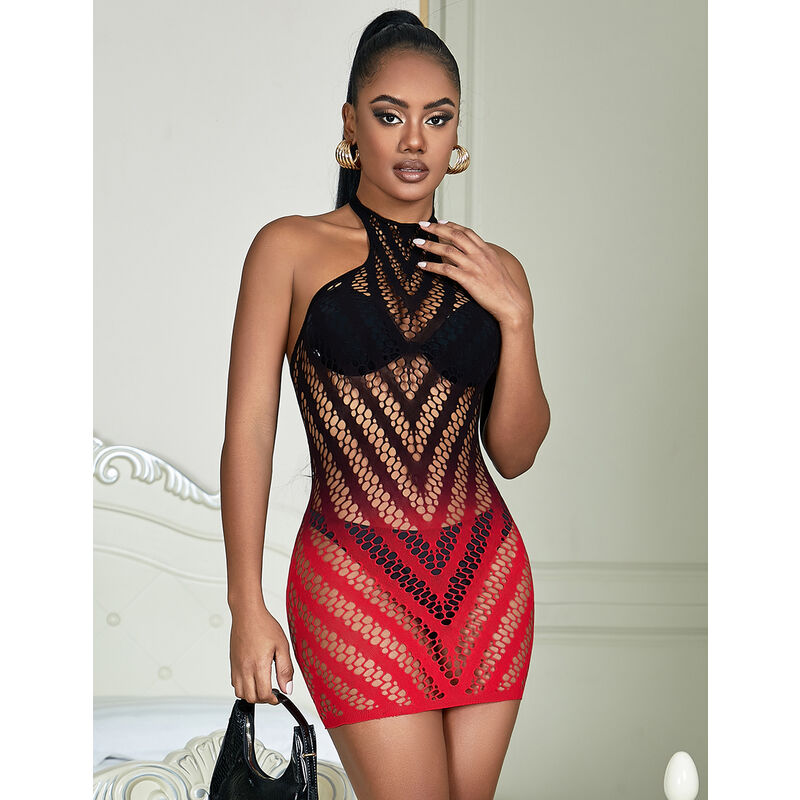SUBBLIME - 952242 ELASTISCHES NETZKLEID ROT-SCHWARZ VERLAUF ONE SIZE