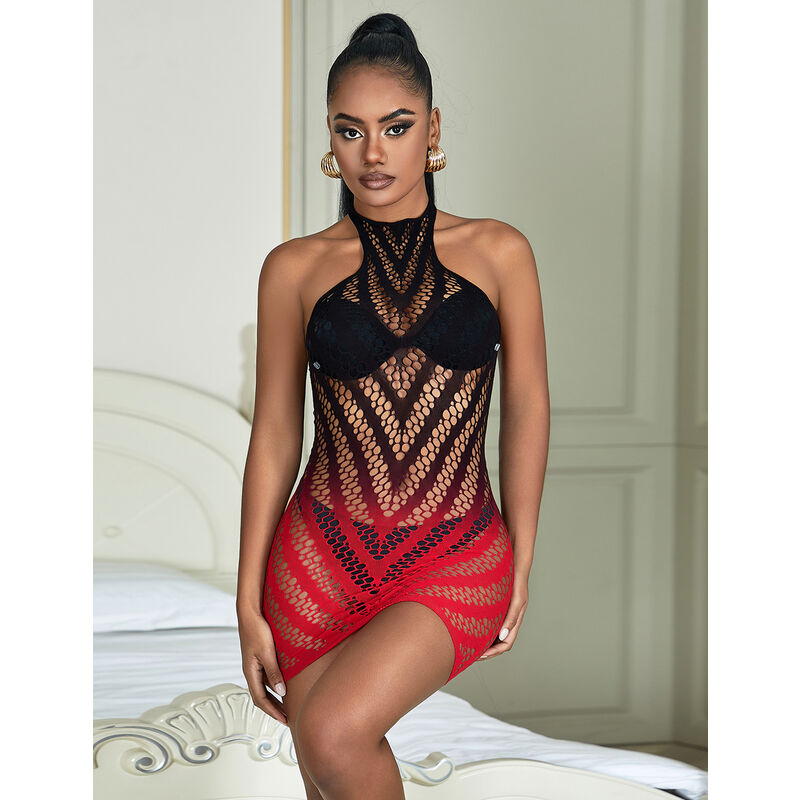 SUBBLIME - 952242 ELASTISCHES NETZKLEID ROT-SCHWARZ VERLAUF ONE SIZE
