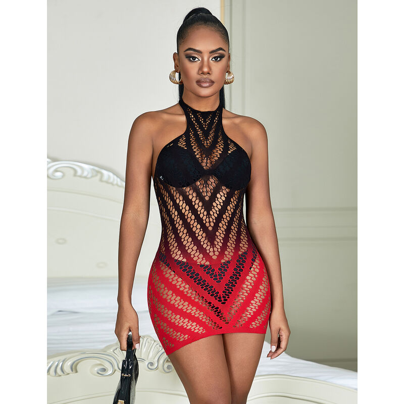 SUBBLIME - 952242 ELASTISCHES NETZKLEID ROT-SCHWARZ VERLAUF ONE SIZE