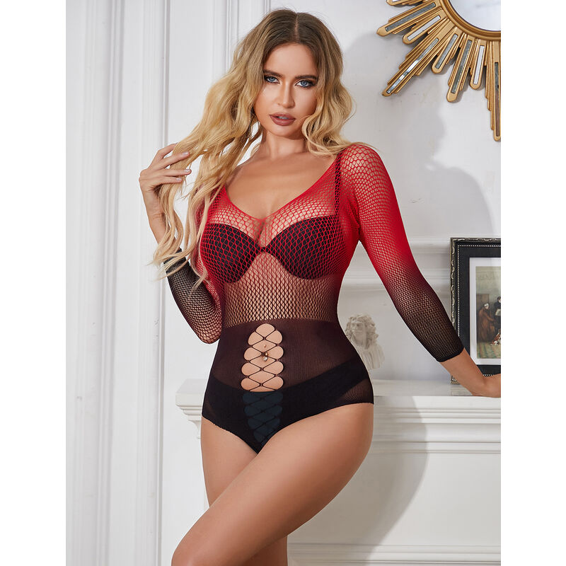 SUBBLIME - 952259 ELASTISCHES NETZKLEID MIT LANGEN ÄRMELN ROT-SCHWARZ VERLAUF ONE SIZE