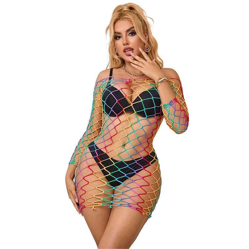 SUBBLIME - 952426 REGENBOGEN-NETZKLEID MIT LANGEN ÄRMELN, EINHEITSGRÖSSE
