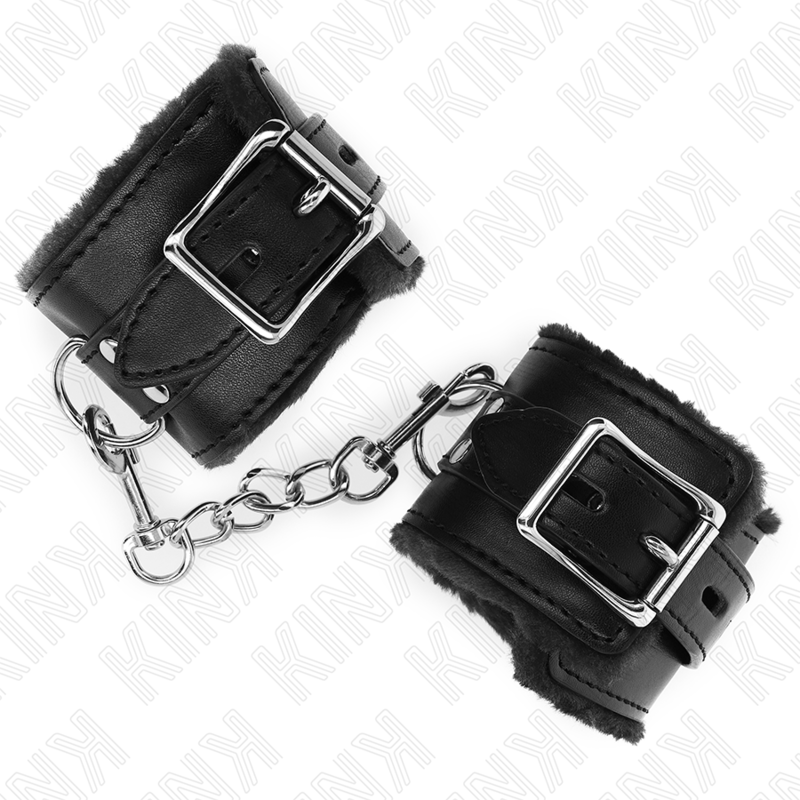 KINK - SCHWARZE, PELZGEFÜTTERTE HANDGELENKMANSCHETTEN MIT VERSTELLBAREM SCHWARZEN RIEMEN 17-29 CM X 6 CM