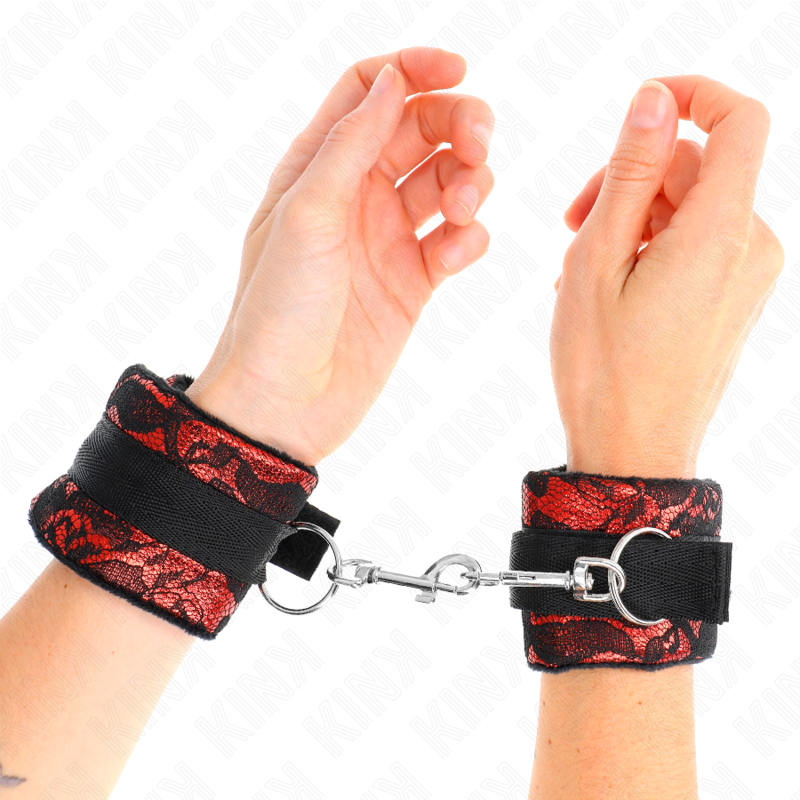 KINK - KURZE HANDGELENKSFESSELN AUS SAMTSPITZEN UND ROTER/SCHWARZER NYLONBINDUNG 23 X 6,5 CM