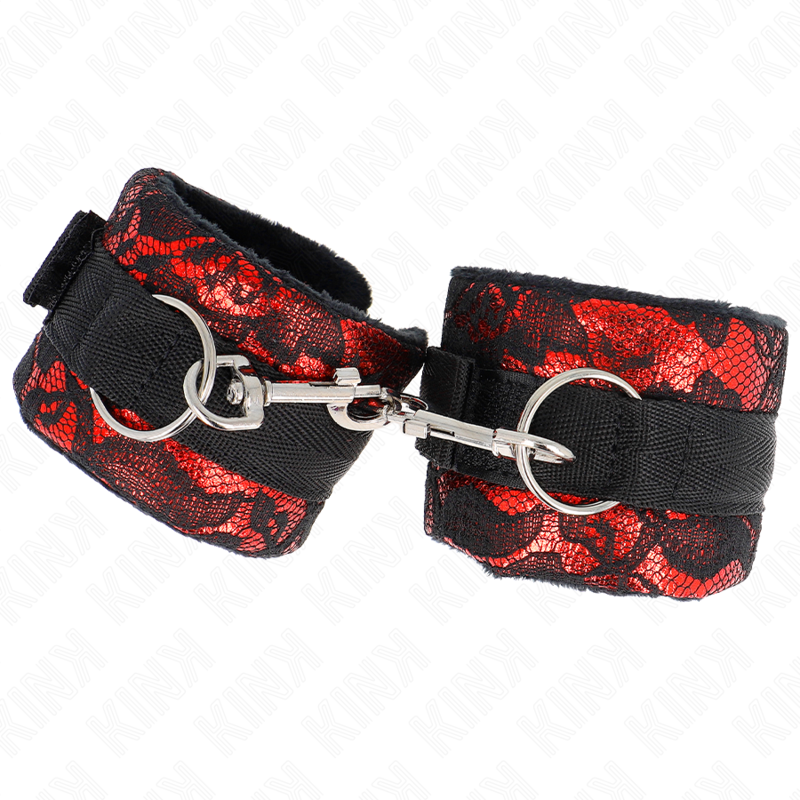 KINK - KURZE HANDGELENKSFESSELN AUS SAMTSPITZEN UND ROTER/SCHWARZER NYLONBINDUNG 23 X 6,5 CM