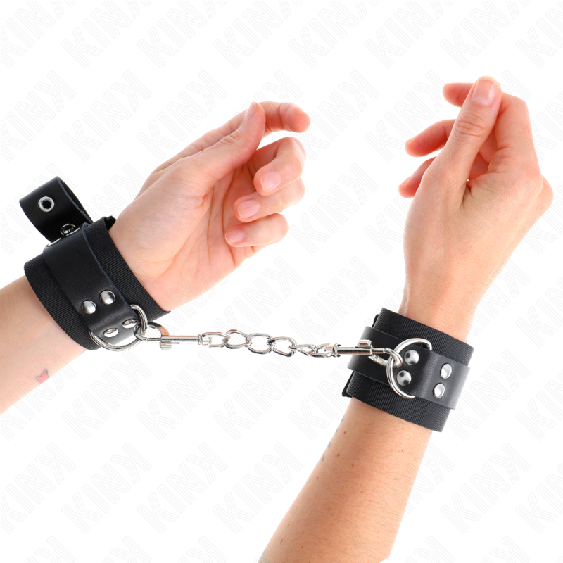 KINK - SCHWARZE NYLON-HANDGELENKMANSCHETTEN MIT VERSTELLBAREM SCHWARZEN LEDERGÜRTEL 19-29 CM X 5,1 CM