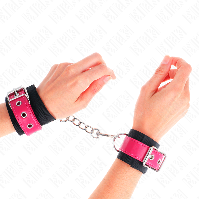 KINK - SCHWARZE NYLON-HANDGELENKMANSCHETTE MIT VERSTELLBAREM HIMBEERROSENEM KUNSTLEDERGURT 19-29 CM X 5,1 CM