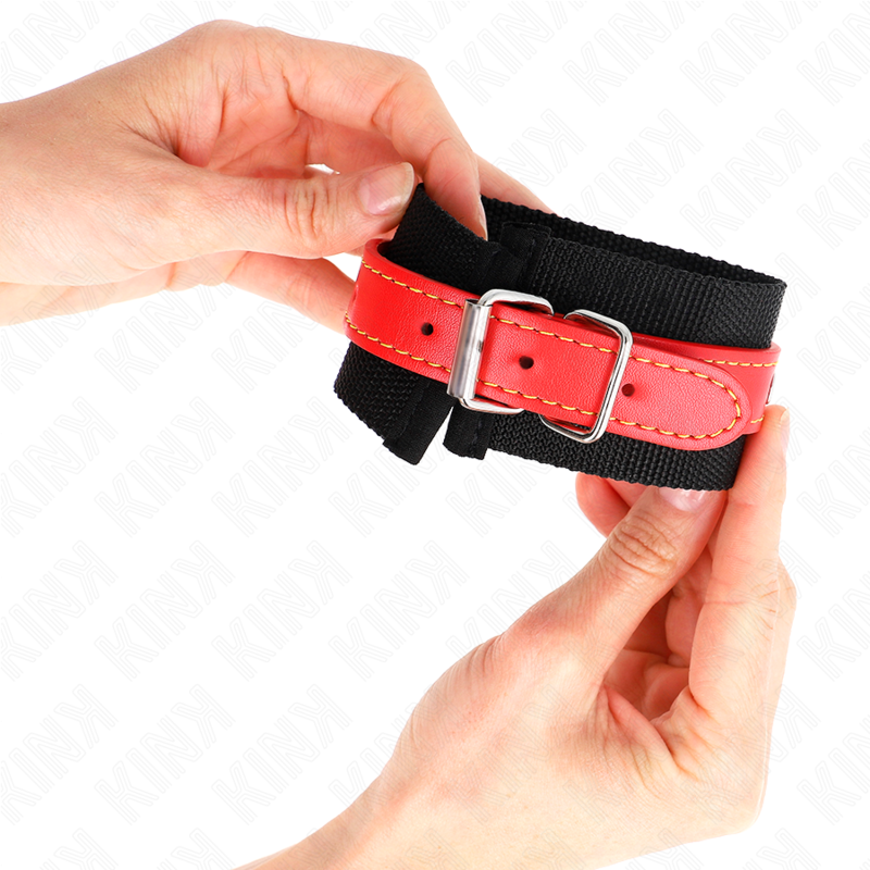 KINK - HANDGELENKSTÜTZE AUS SCHWARZEM NYLON MIT ROTEM LEDER, VERSTELLBAR 19-24 CM X 5,5 CM
