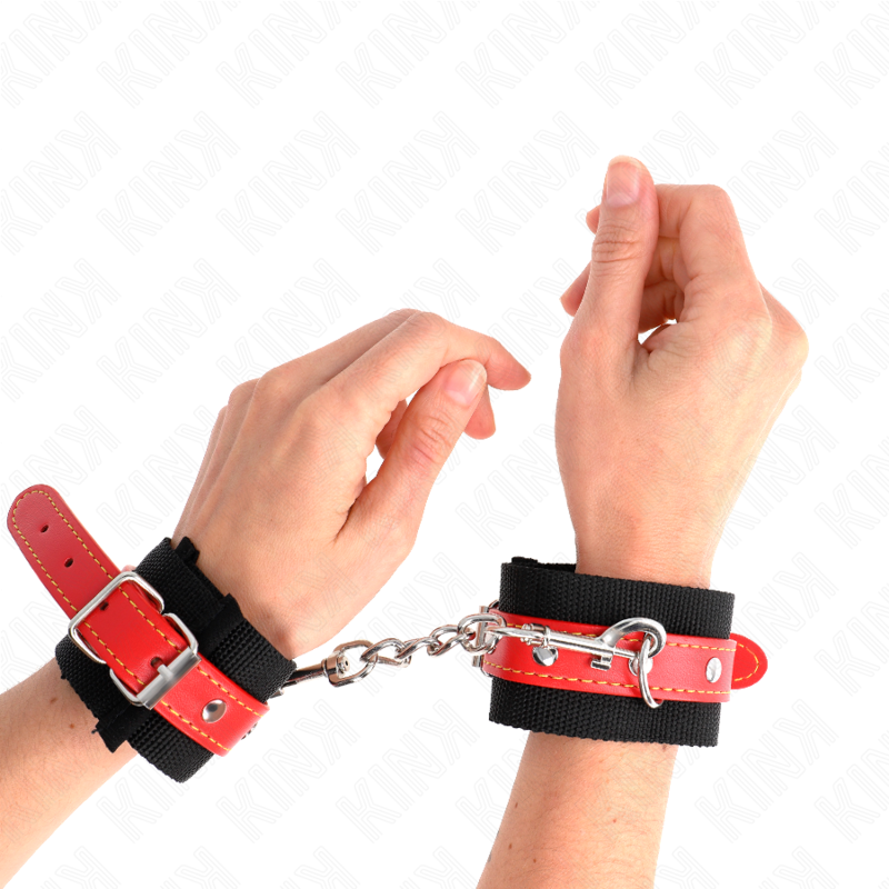 KINK - HANDGELENKSTÜTZE AUS SCHWARZEM NYLON MIT ROTEM LEDER, VERSTELLBAR 19-24 CM X 5,5 CM
