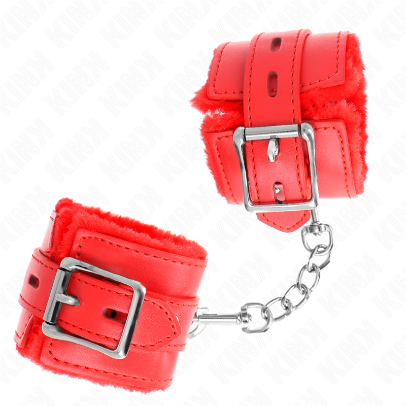KINK - PELZGEFÜTTERTE HANDGELENKMANSCHETTEN MIT ROTEN QUADRATISCHEN LÖCHERN UND VERSTELLBAREM ROTEN GURT 17-29 CM X 6 CM