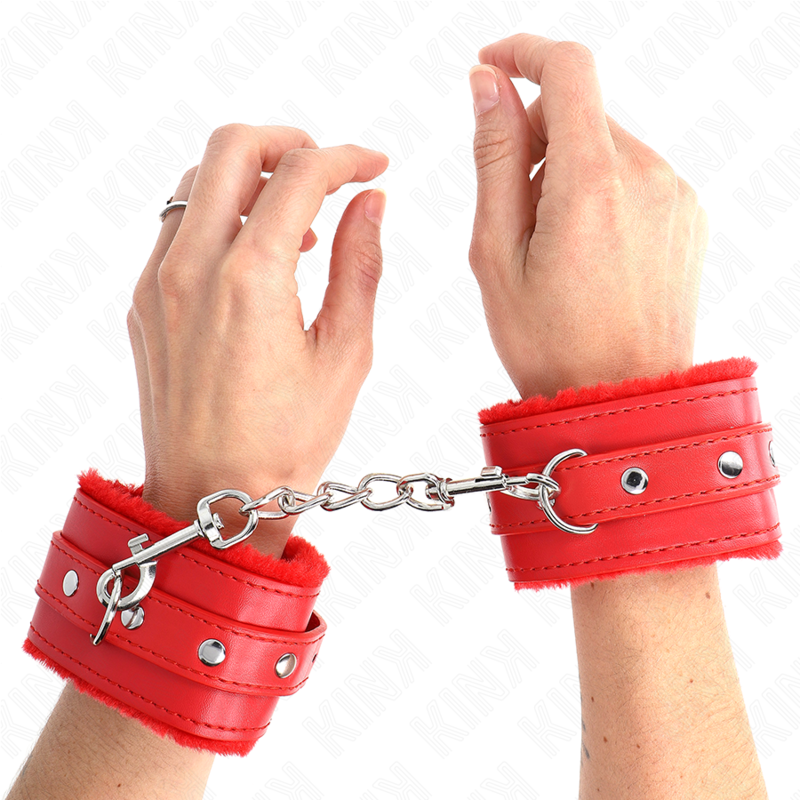 KINK - PREMIUM ROTE, PELZGEFÜTTERTE HANDGELENKMANSCHETTEN MIT VERSTELLBAREM ROTEM GURT 17-29 CM X 6 CM