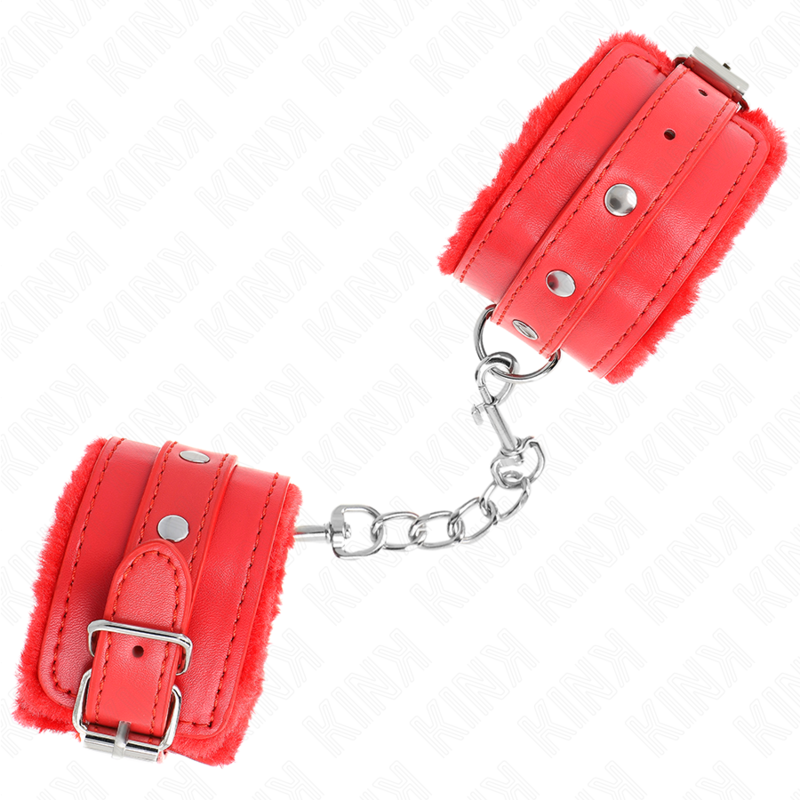 KINK - PREMIUM ROTE, PELZGEFÜTTERTE HANDGELENKMANSCHETTEN MIT VERSTELLBAREM ROTEM GURT 17-29 CM X 6 CM