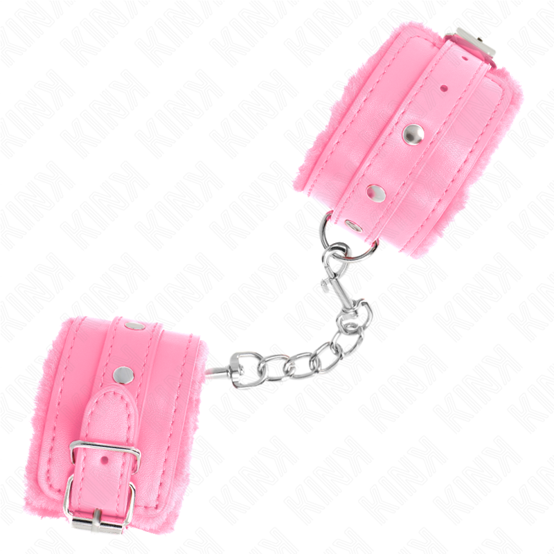 KINK – PREMIUM ROSA PELZGEFÜTTERTE HANDGELENKMANSCHETTEN MIT VERSTELLBAREM ROSA GURT 17–29 CM X 6 CM
