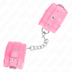 KINK – PREMIUM ROSA PELZGEFÜTTERTE HANDGELENKMANSCHETTEN MIT VERSTELLBAREM ROSA GURT 17–29 CM X 6 CM