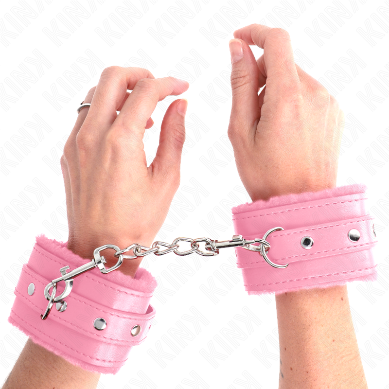 KINK – PREMIUM ROSA PELZGEFÜTTERTE HANDGELENKMANSCHETTEN MIT VERSTELLBAREM ROSA GURT 17–29 CM X 6 CM