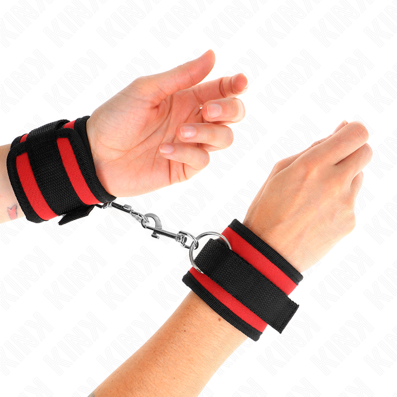 KINK - ROT-SCHWARZE NYLON-HANDGELENKSFESSELN MIT KLETTVERSCHLUSS MODELL 2 VERSTELLBAR 18-35 CM X 6 CM