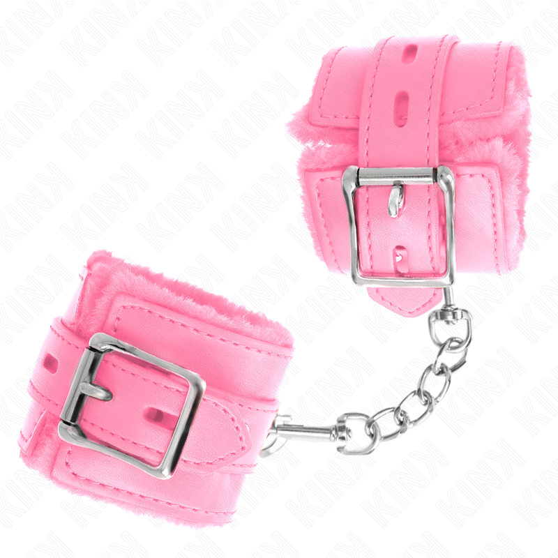 KINK - PELZGEFÜTTERTE HANDGELENKMANSCHETTEN MIT ROSAFARBENEN VIERECKLÖCHERN UND VERSTELLBAREM ROSAFARBENEM GÜRTEL 17-29 CM X 6 CM