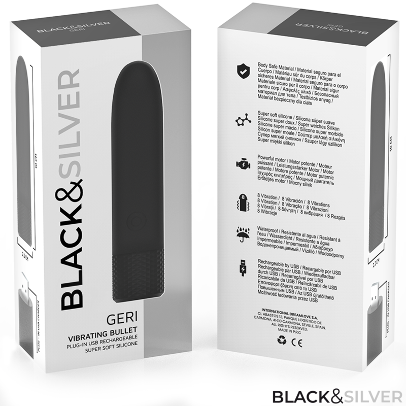 BLACK & SILVER - GERI BULLET VIBRATOR AUFLADBAR USB 8 VIBRATIONEN SCHWARZ 10 X 2,2 CM