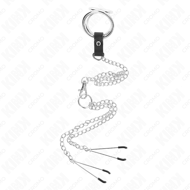 KINK – VERCHROMTER DREIFACH-PENISRING AUS METALL 3 CM BIS 4,5 CM MIT 26 CM METALLKETTE UND BRUSTWARZENKLAMmern