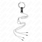 KINK – VERCHROMTER DREIFACH-PENISRING AUS METALL 3 CM BIS 4,5 CM MIT 26 CM METALLKETTE UND BRUSTWARZENKLAMmern