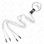 KINK – VERCHROMTER DREIFACH-PENISRING AUS METALL 3 CM BIS 4,5 CM MIT 26 CM METALLKETTE UND BRUSTWARZENKLAMmern