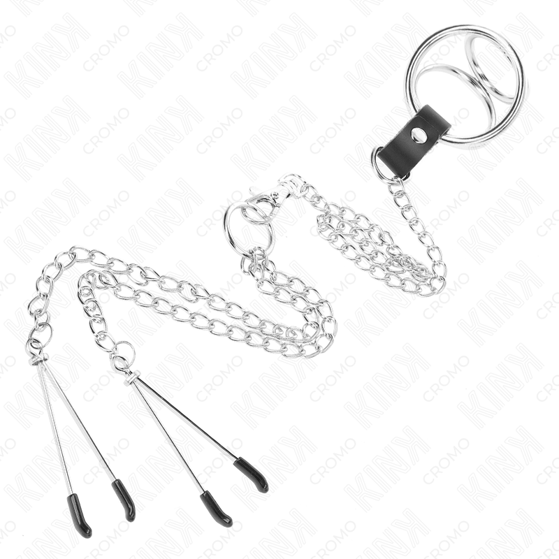 KINK – VERCHROMTER DREIFACH-PENISRING AUS METALL 3 CM BIS 4,5 CM MIT 26 CM METALLKETTE UND BRUSTWARZENKLAMmern