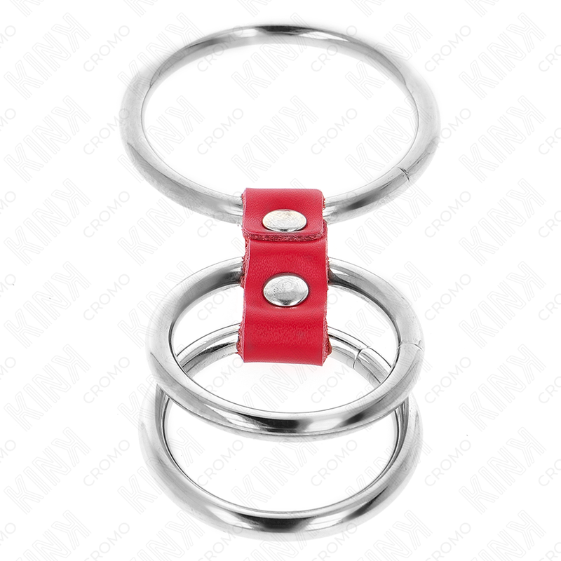 KINK - DREIFACHER PENISRING METALL 3,7 CM BIS 5 CM MIT ROTEM LEDER VERBUNDEN