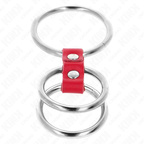 KINK - DREIFACHER PENISRING METALL 3,7 CM BIS 5 CM MIT ROTEM LEDER VERBUNDEN